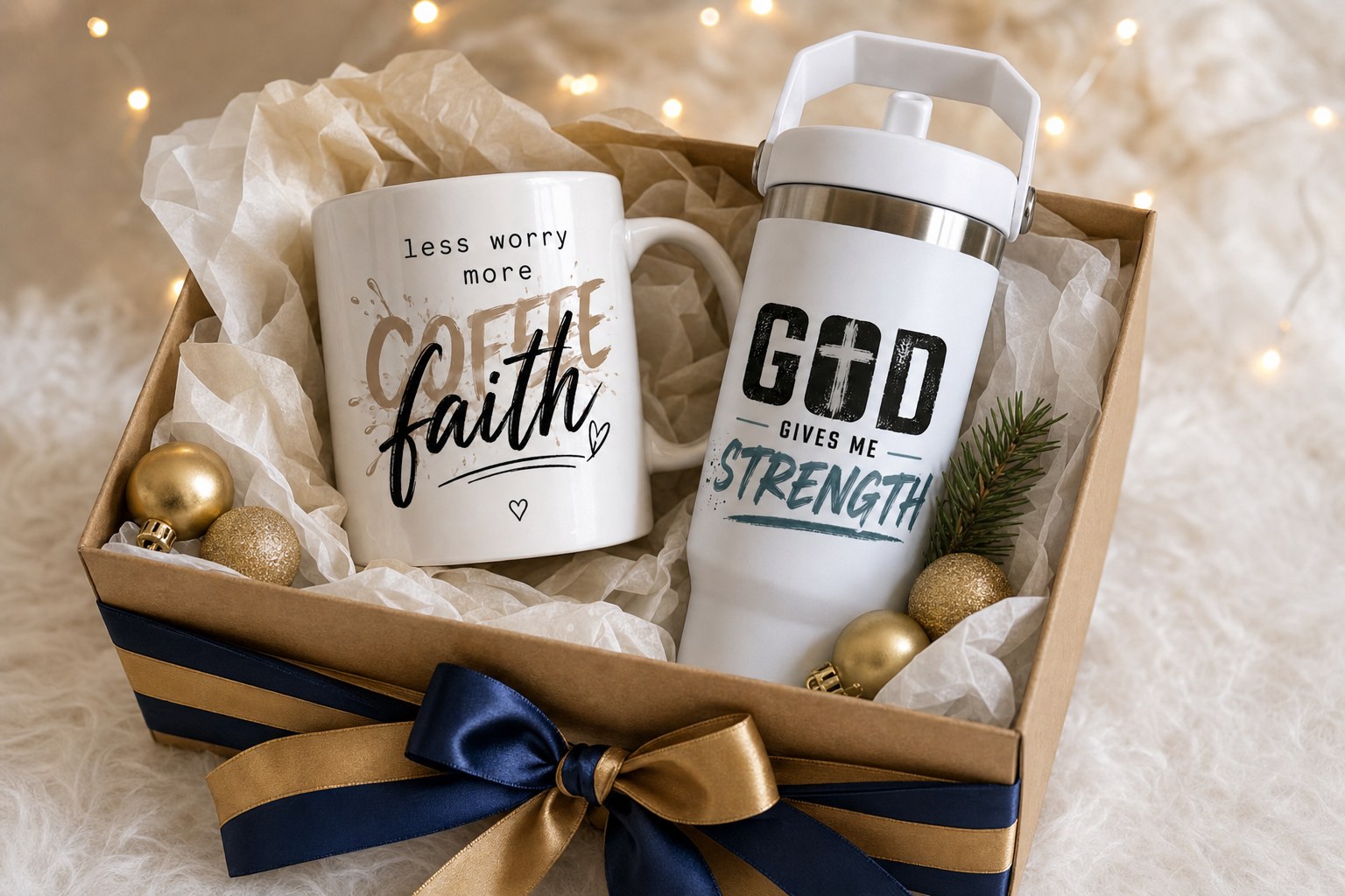 Less Worry mug and God Gives Me Strength tumbler gift-boxed with a navy and gold ribbon